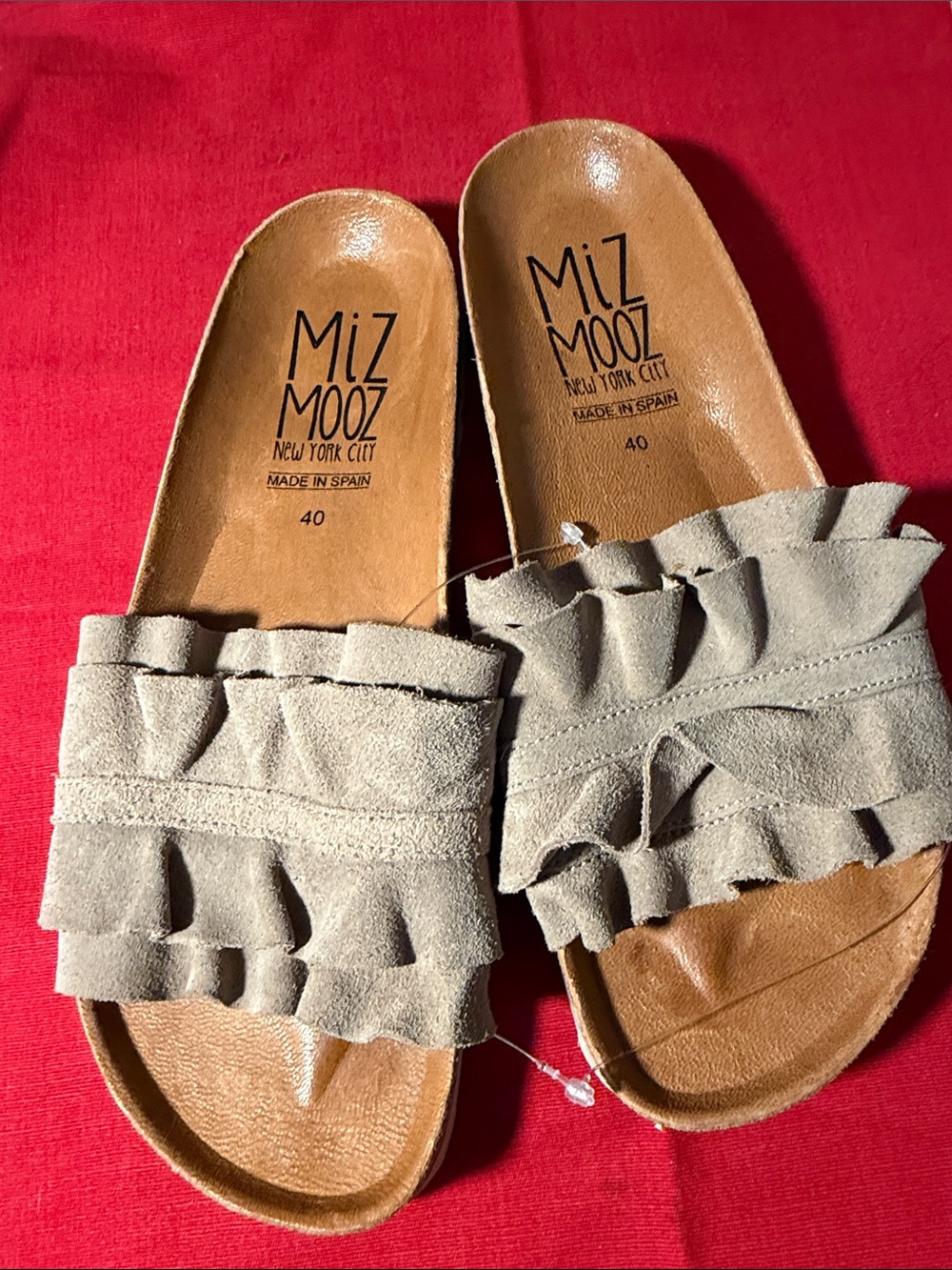Miz Mooz Ruffled Suede Slide Sandals in Light Taupe